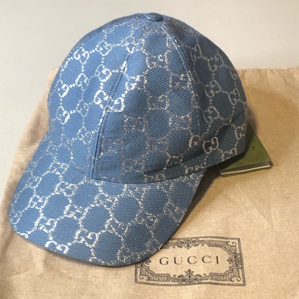 GUCCI Canvas GG Monogram Baseball Cap Blue Silver